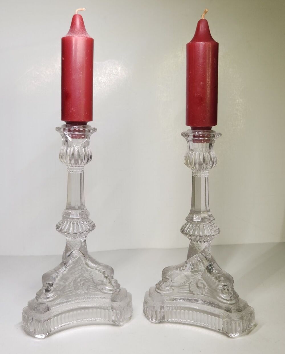 Pair Of Dolphin Candlestick Holders Tiffany Pattern Glass Sea Serpent Koi Set 8"